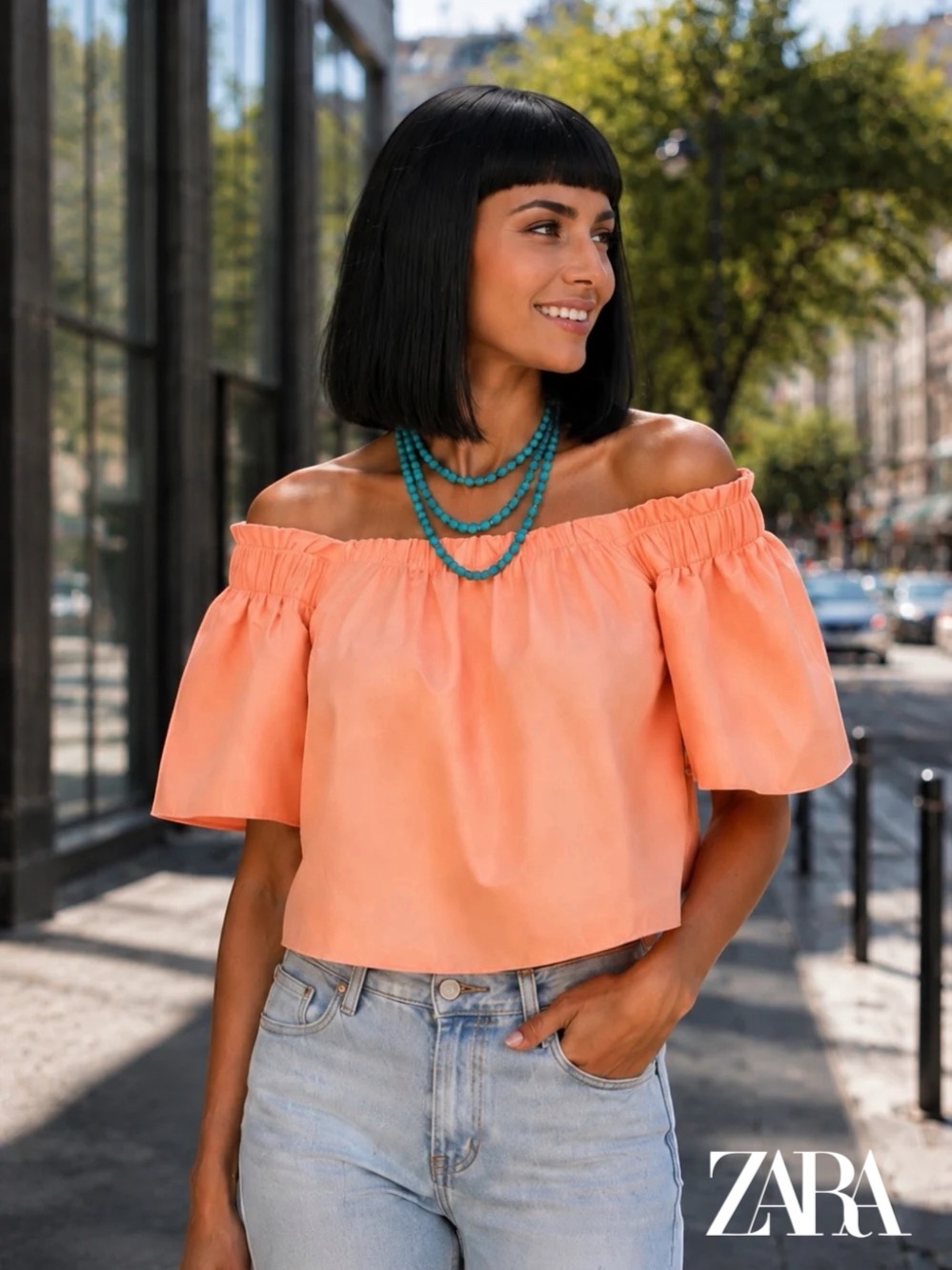ZARA, Off Shoulder Crop Top Peach Orange, 100% Cotton, Size Small